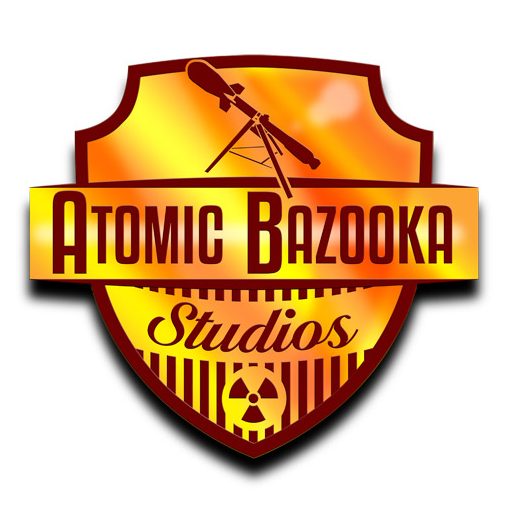A gold shield with the words Atomic Bazooka Studios in red with a Davy Crockett bazooka and a radioactive symbol